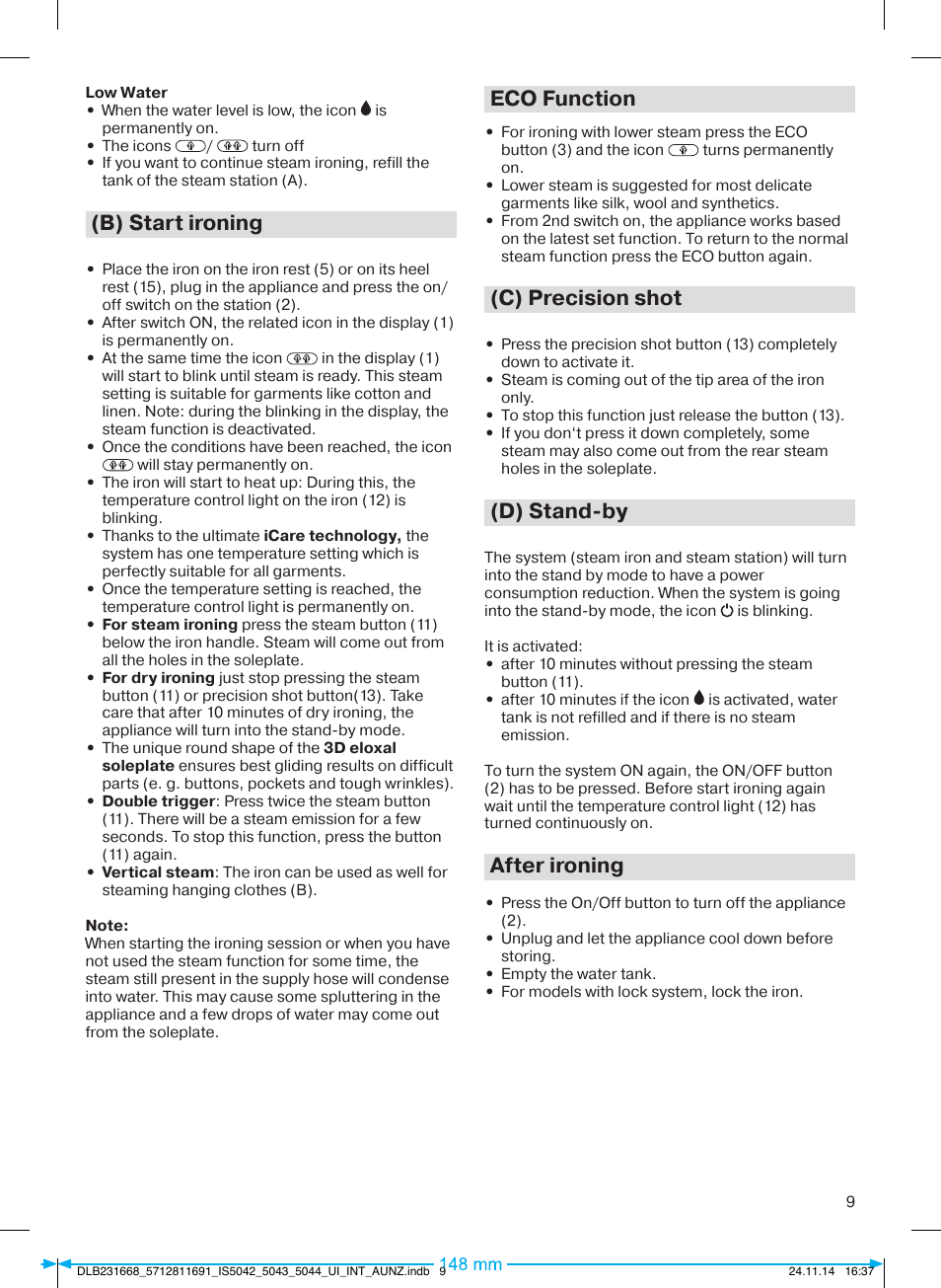 B) start ironing, Eco function, C) precision shot | D) stand-by, After ironing | Braun IS 5042 User Manual | Page 10 / 95