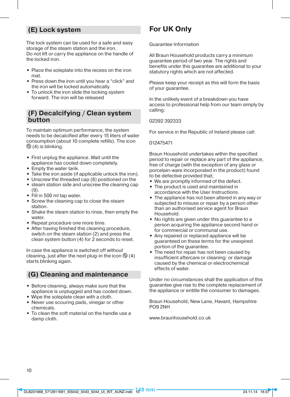 For uk only, E) lock system, F) decalcifying / clean system button | G) cleaning and maintenance | Braun IS 5042 User Manual | Page 11 / 95