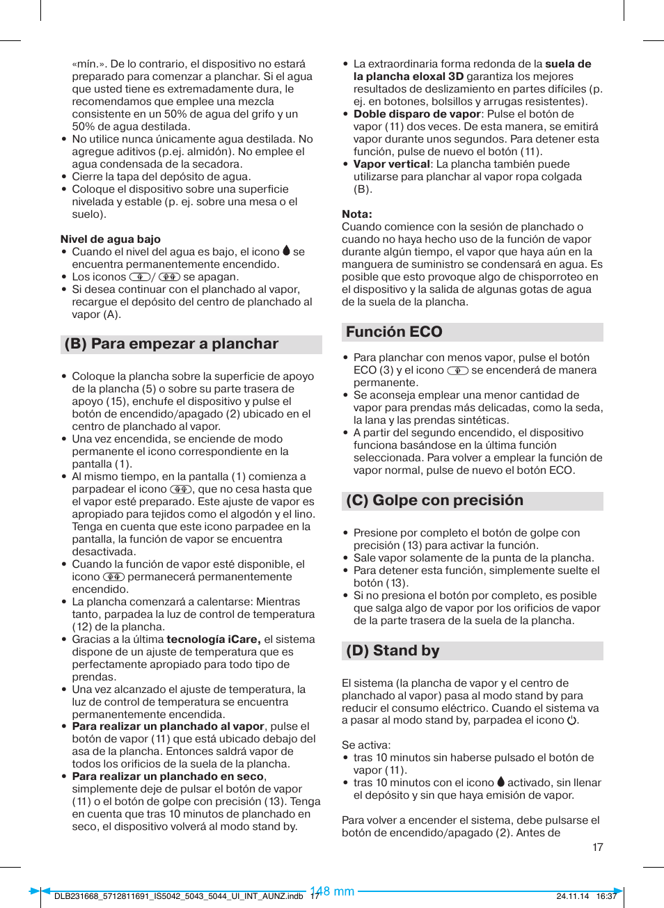 B) para empezar a planchar, Función eco, C) golpe con precisión | D) stand by | Braun IS 5042 User Manual | Page 18 / 95