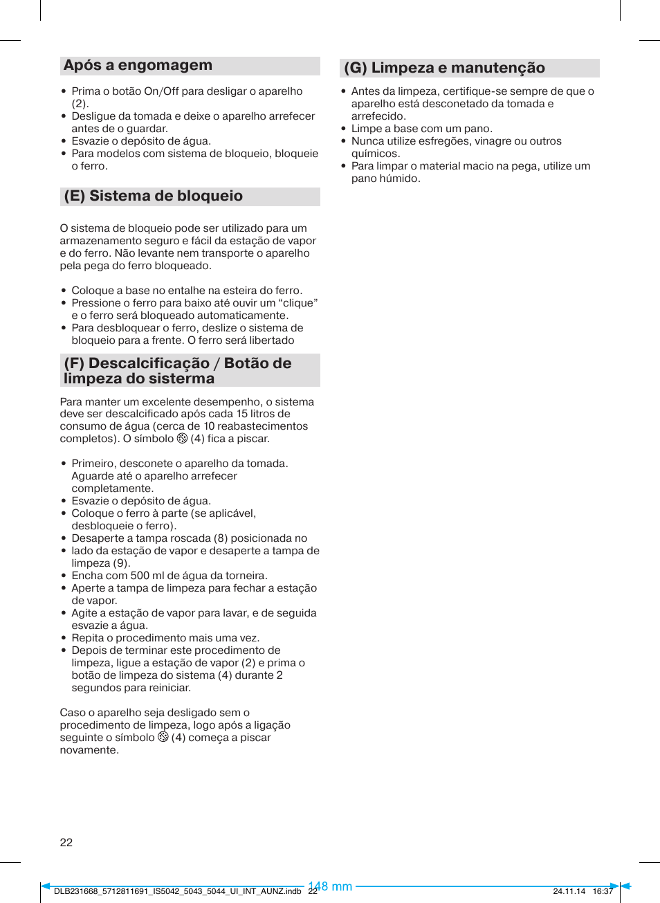 Após a engomagem, E) sistema de bloqueio, F) descalcificação / botão de limpeza do sisterma | G) limpeza e manutenção | Braun IS 5042 User Manual | Page 23 / 95