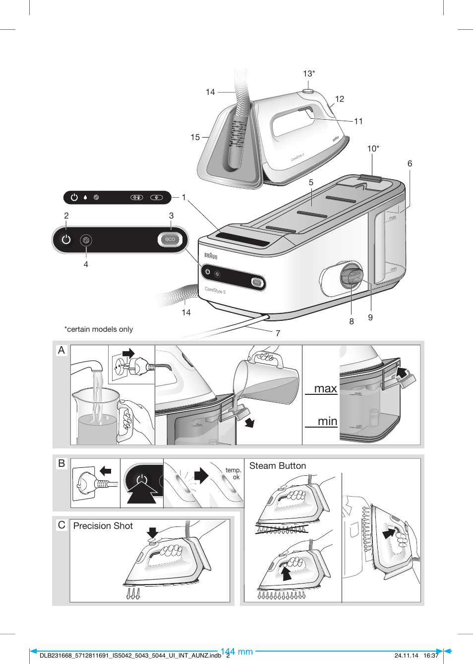 Max min min, Ab c, Precision shot steam button | Braun IS 5042 User Manual | Page 3 / 95