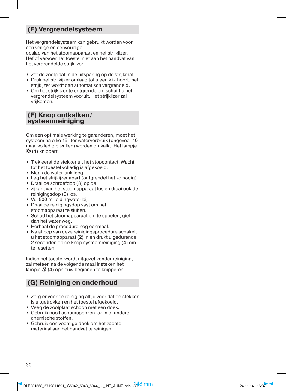 E) vergrendelsysteem, F) knop ontkalken/ systeemreiniging, G) reiniging en onderhoud | Braun IS 5042 User Manual | Page 31 / 95