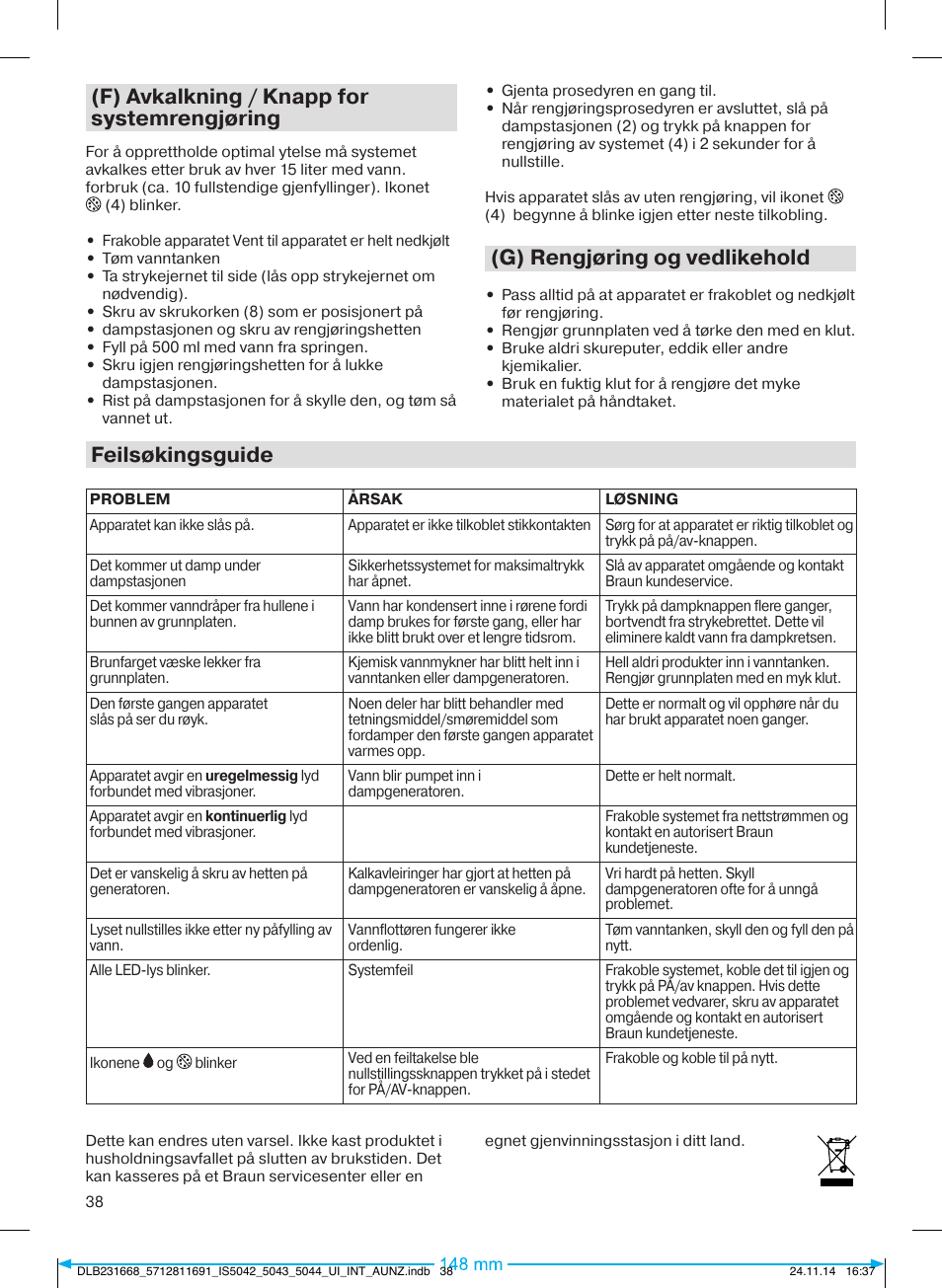 F) avkalkning / knapp for systemrengjøring, G) rengjøring og vedlikehold, Feilsøkingsguide | Braun IS 5042 User Manual | Page 39 / 95