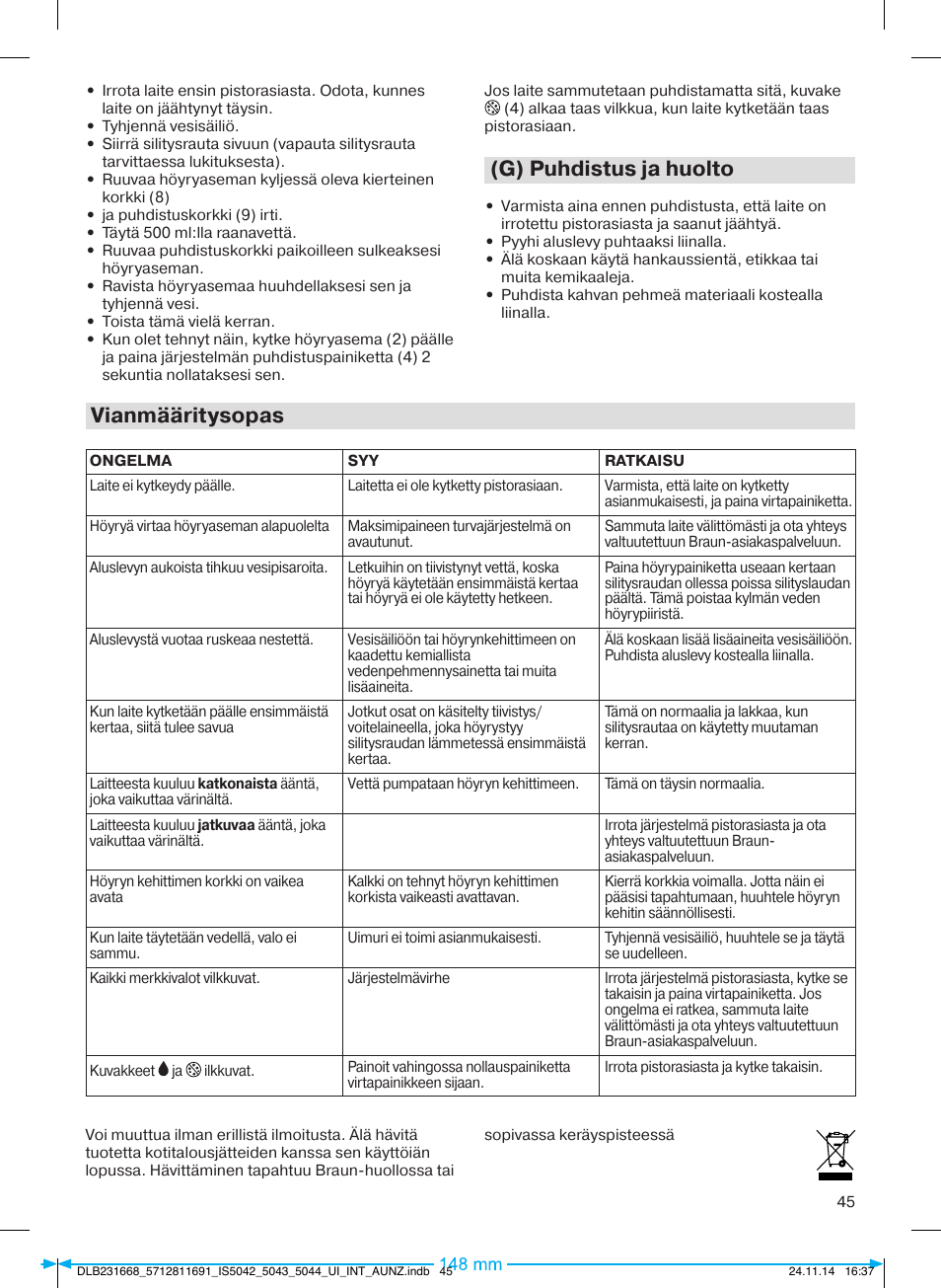 G) puhdistus ja huolto, Vianmääritysopas | Braun IS 5042 User Manual | Page 46 / 95