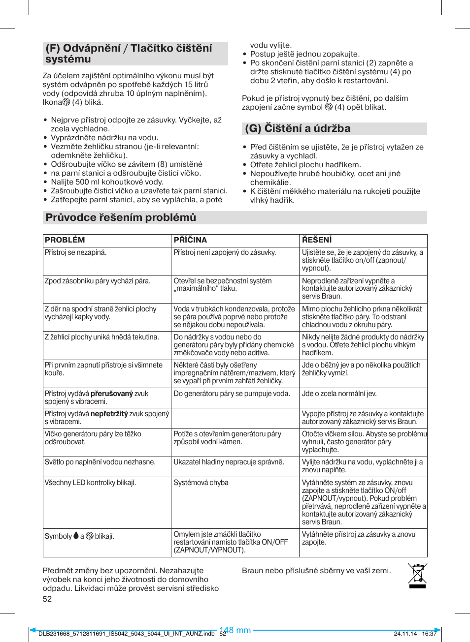 F) odvápnění / tlačítko čištění systému, G) čištění a údržba, Průvodce řešením problémů | Braun IS 5042 User Manual | Page 53 / 95