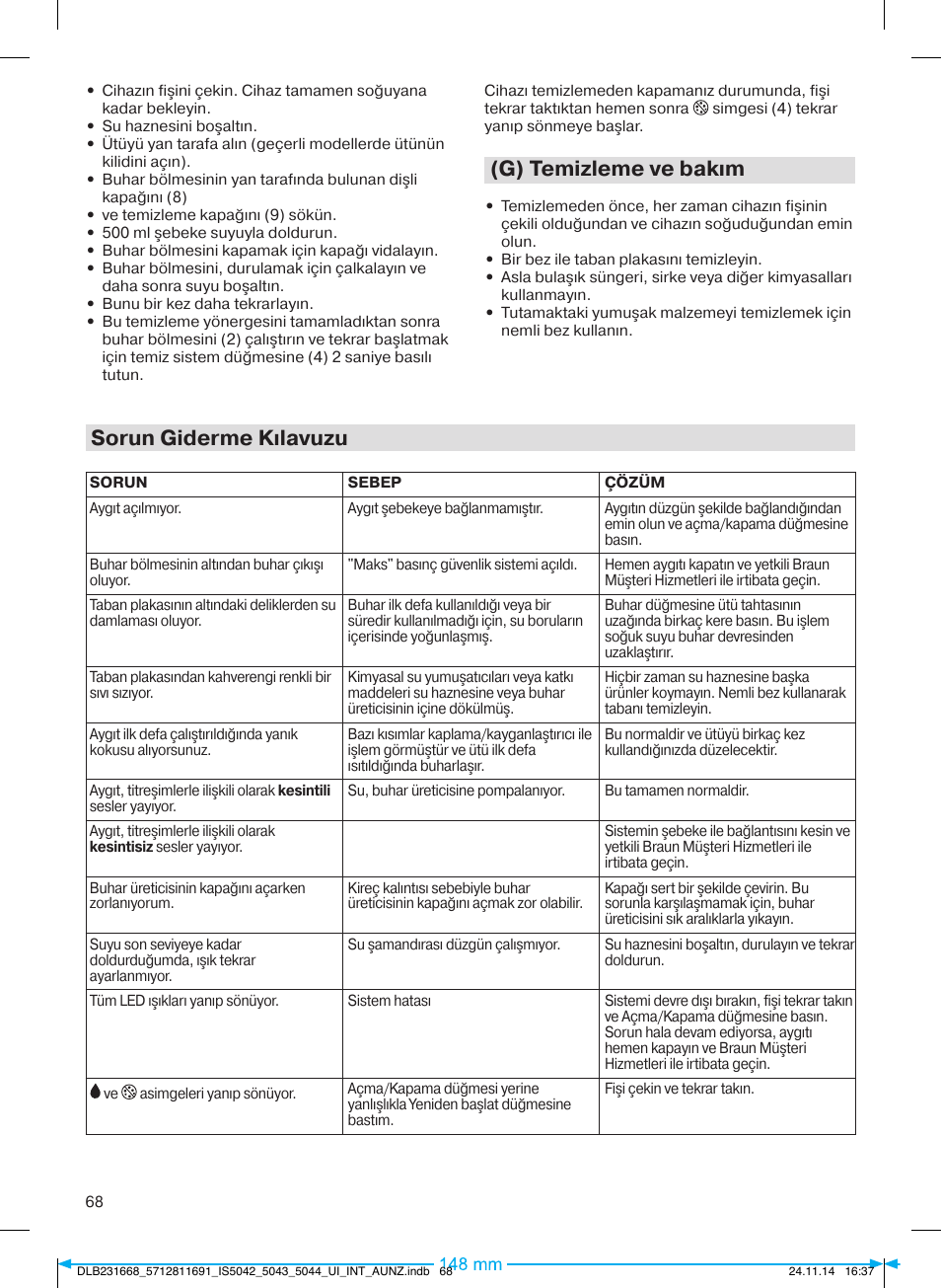 G) temizleme ve bakım, Sorun giderme kılavuzu | Braun IS 5042 User Manual | Page 69 / 95