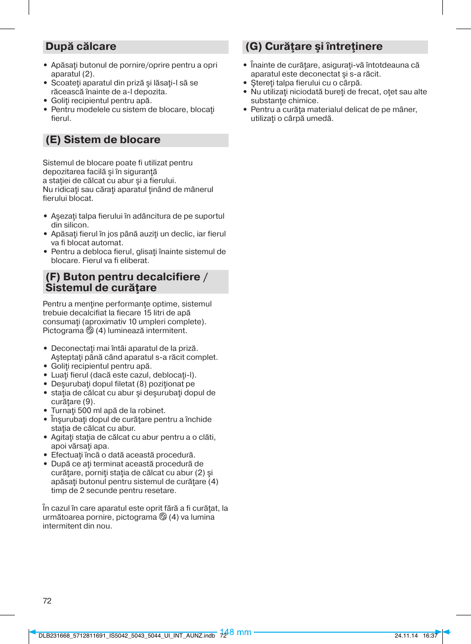 După călcare, E) sistem de blocare, G) curăţare şi întreţinere | Braun IS 5042 User Manual | Page 73 / 95