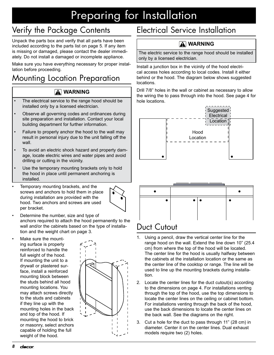 Preparing for installation, Electrical service installation, Duct cutout | Verify the package contents, Mounting location preparation | Dacor MH30 User Manual | Page 10 / 24