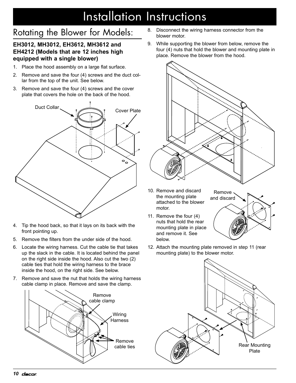 Installation instructions, Rotating the blower for models | Dacor MH30 User Manual | Page 12 / 24