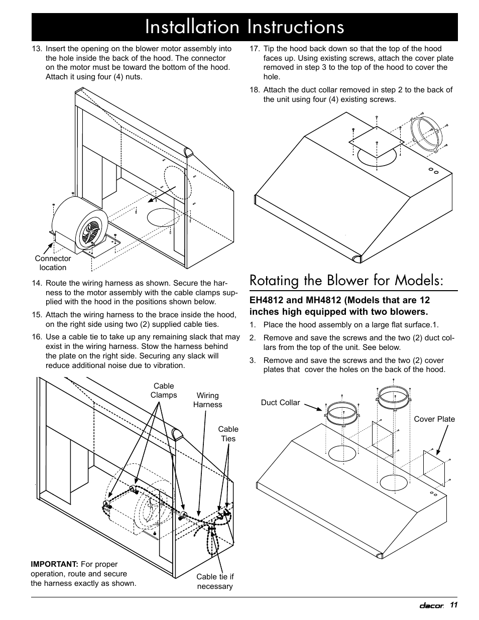Installation instructions, Rotating the blower for models | Dacor MH30 User Manual | Page 13 / 24