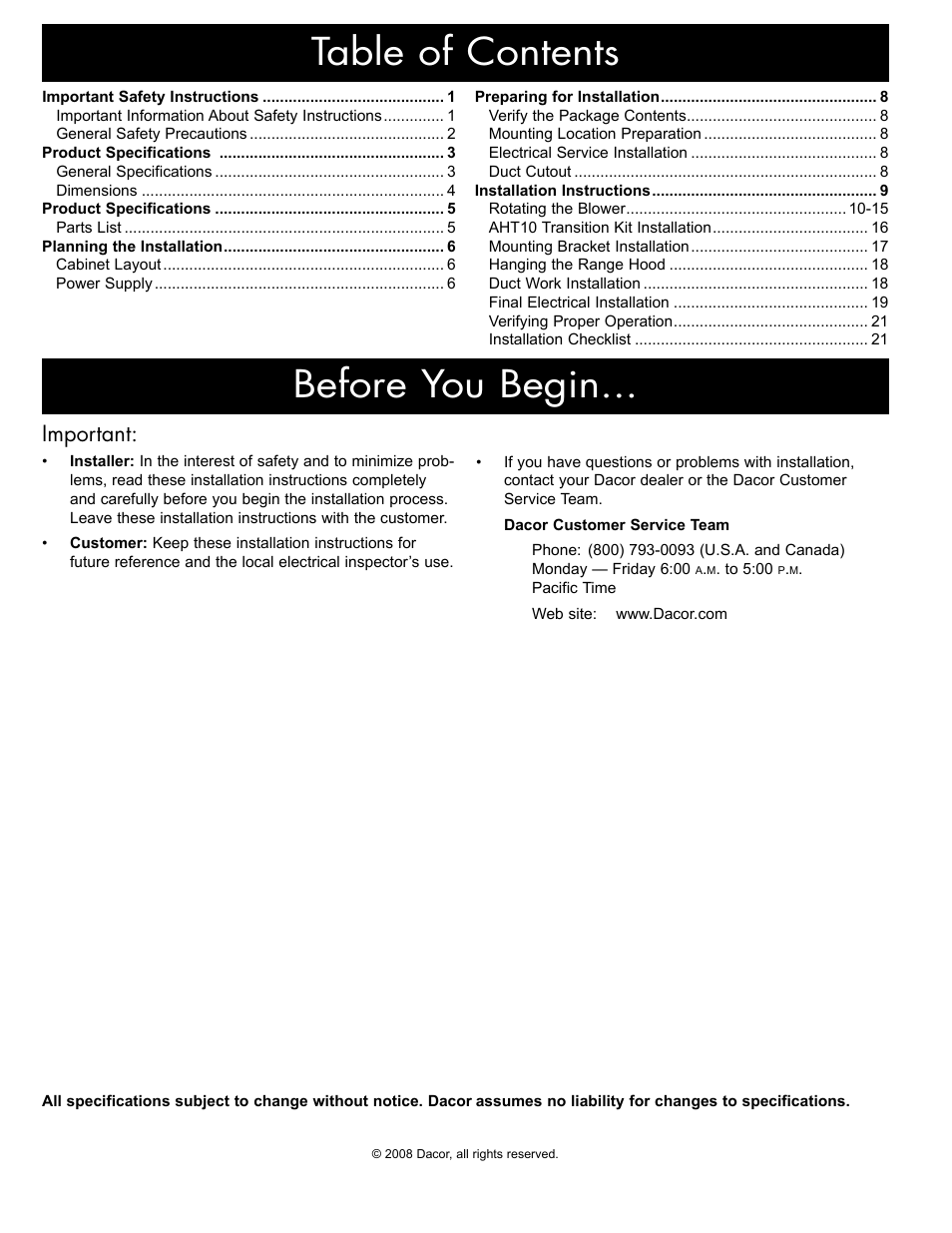 Table of contents before you begin, Important | Dacor MH30 User Manual | Page 2 / 24