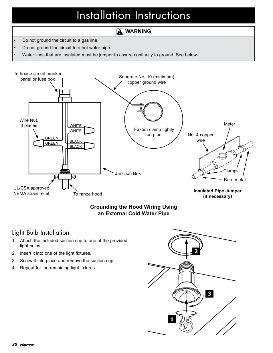 Installation instructions, Light bulb installation | Dacor MH30 User Manual | Page 22 / 24