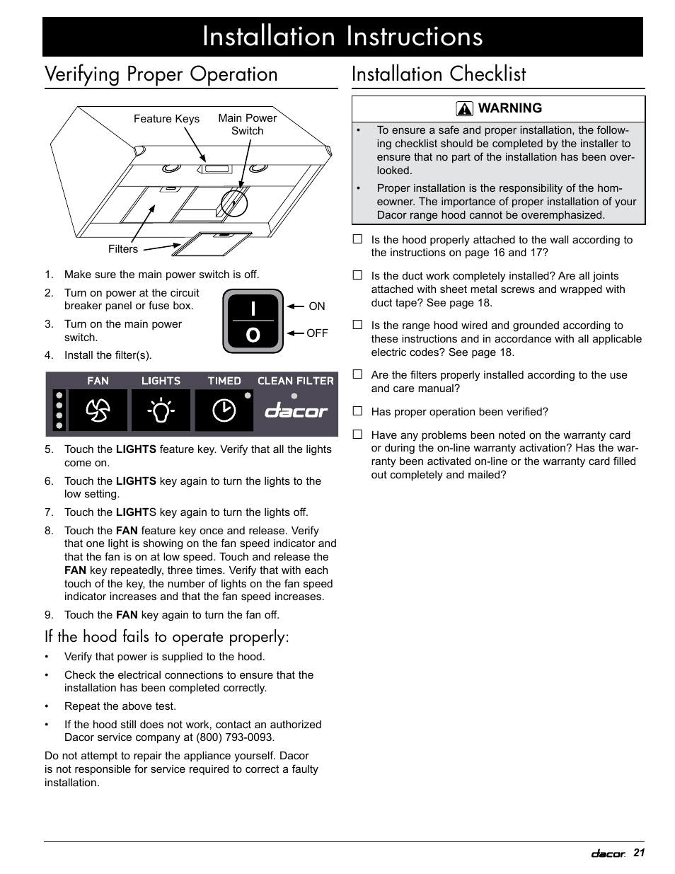 Installation instructions, Verifying proper operation, Installation checklist | If the hood fails to operate properly | Dacor MH30 User Manual | Page 23 / 24