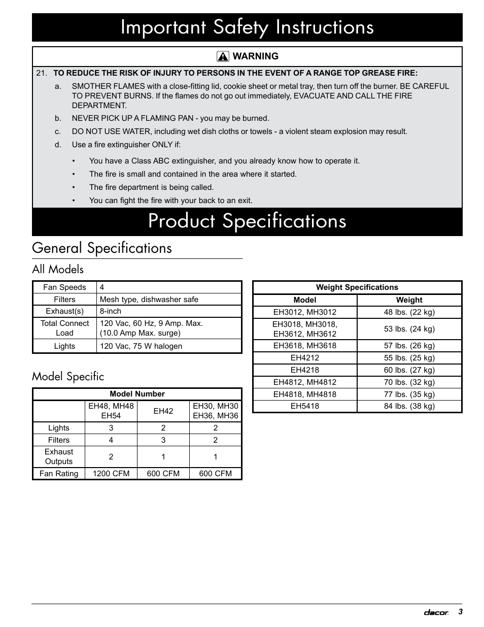 General specifications, All models, Model specific | Dacor MH30 User Manual | Page 5 / 24