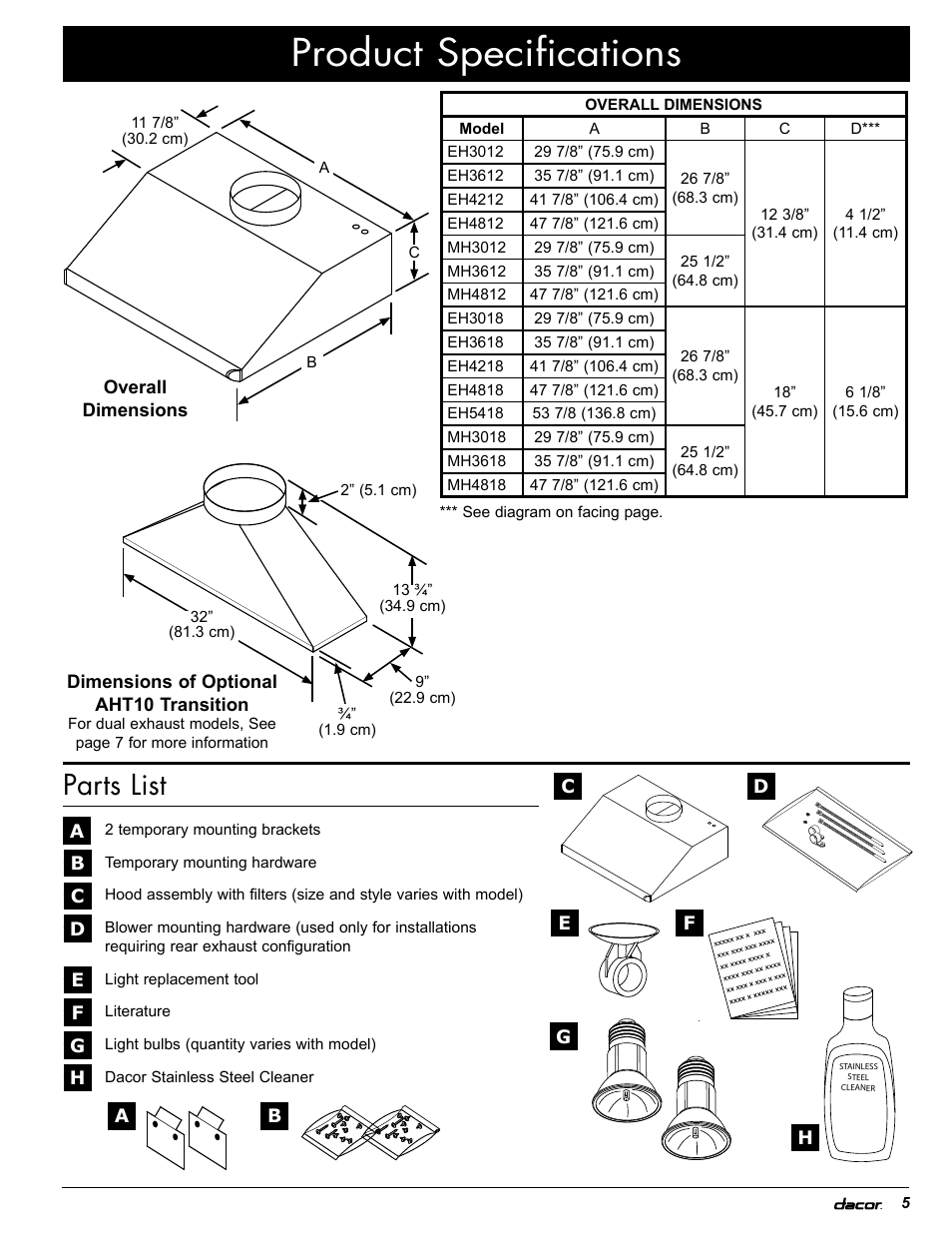 Product specifications, Parts list | Dacor MH30 User Manual | Page 7 / 24