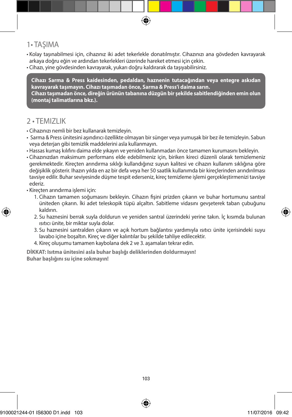 1• taşima, 2 • temizlik | ROWENTA MASTER VALET GARMENT STEAMER IS6300 User Manual | Page 108 / 150