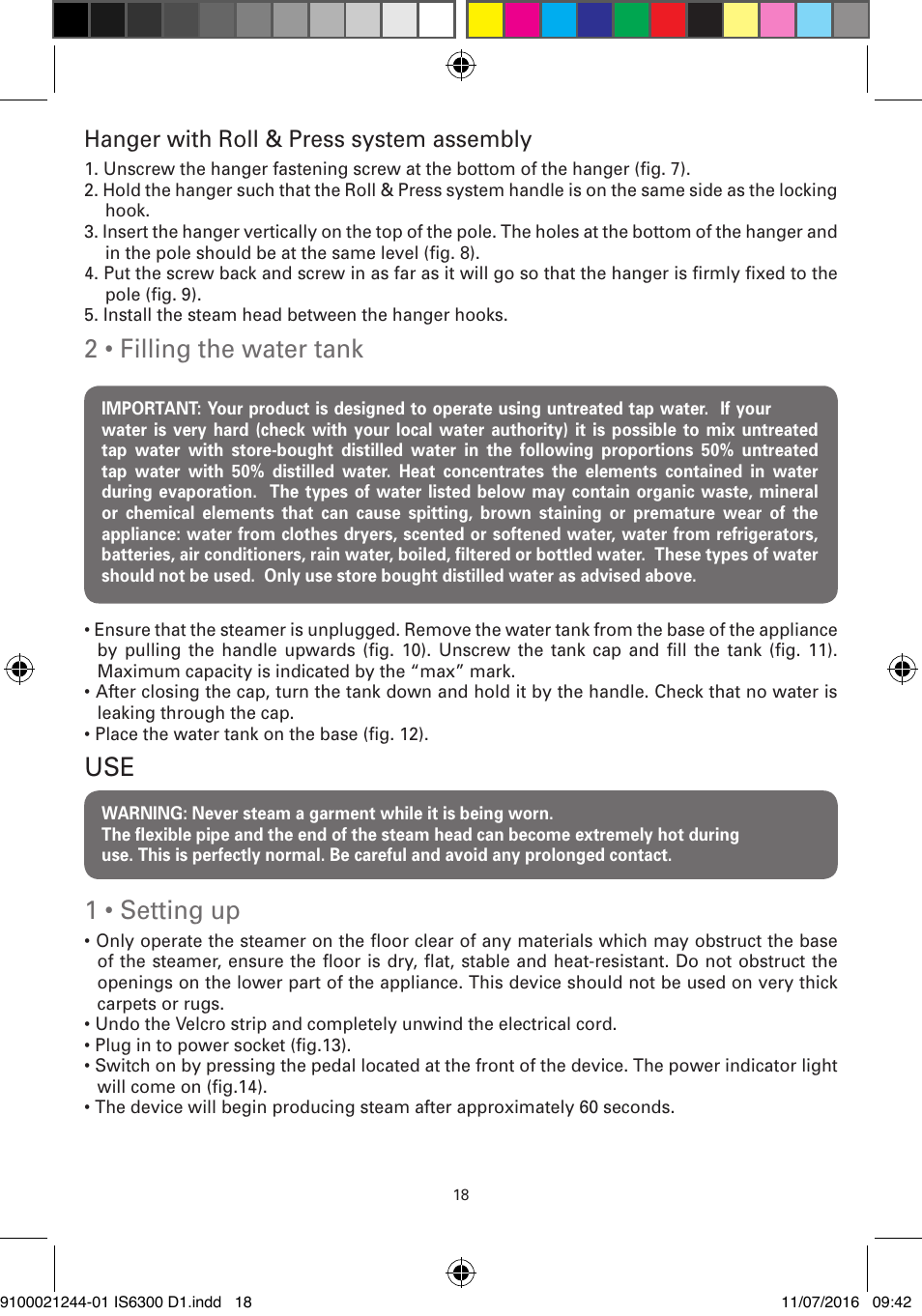 2 • filling the water tank, 1 • setting up, Hanger with roll & press system assembly | ROWENTA MASTER VALET GARMENT STEAMER IS6300 User Manual | Page 23 / 150