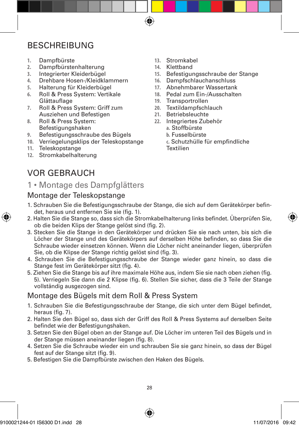 Vor gebrauch 1 • montage des dampfglätters, Beschreibung, Montage der teleskopstange | Montage des bügels mit dem roll & press system | ROWENTA MASTER VALET GARMENT STEAMER IS6300 User Manual | Page 33 / 150