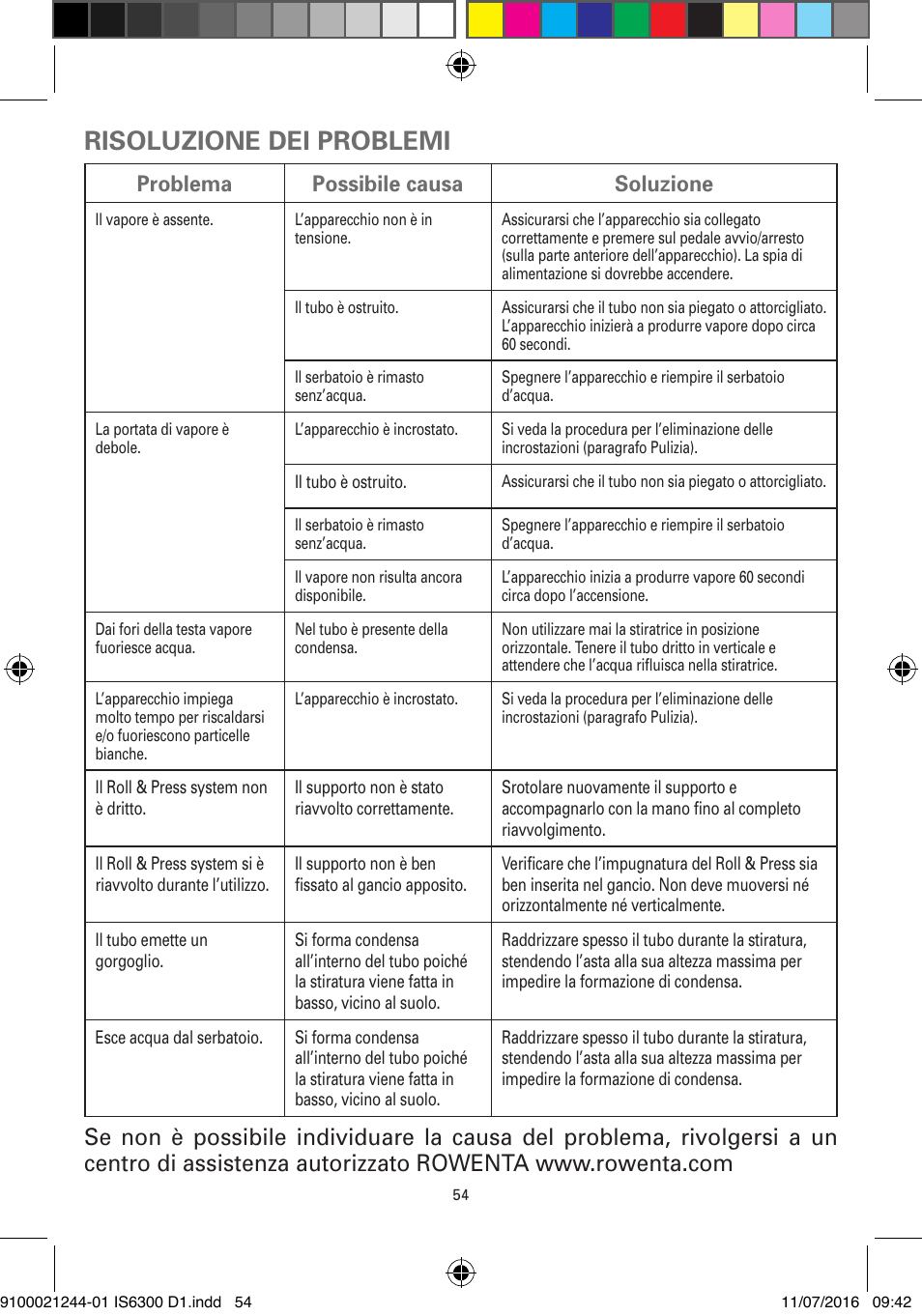 Risoluzione dei problemi, Problema possibile causa soluzione | ROWENTA MASTER VALET GARMENT STEAMER IS6300 User Manual | Page 59 / 150