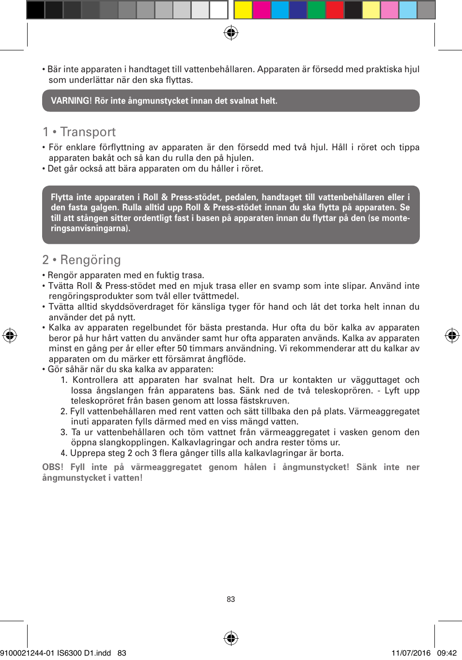 1 • transport, 2 • rengöring | ROWENTA MASTER VALET GARMENT STEAMER IS6300 User Manual | Page 88 / 150