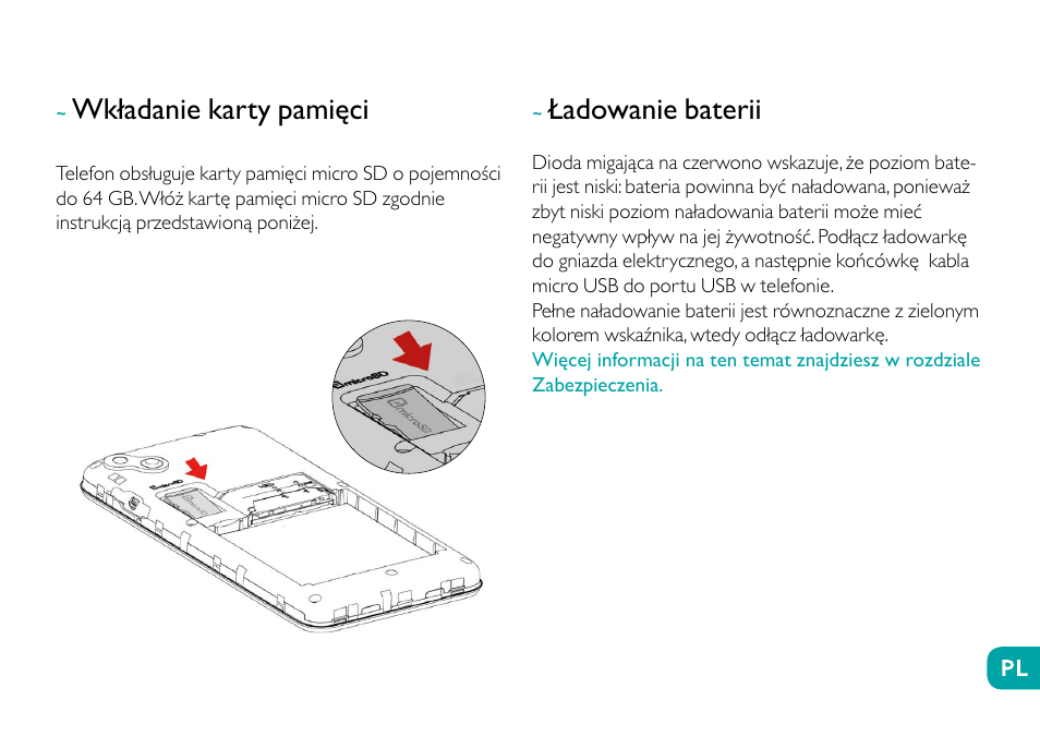 Wkładanie karty pamięci, Ładowanie baterii | Wiko Sunny User Manual | Page 186 / 292