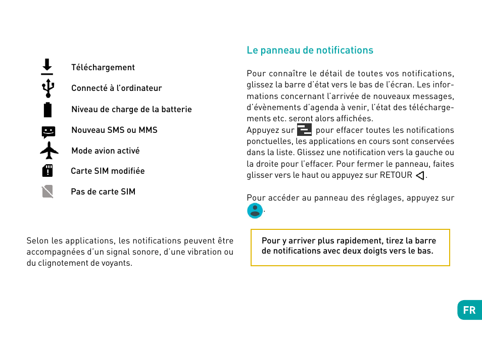 Le panneau de notifications | Wiko Tommy User Manual | Page 35 / 280