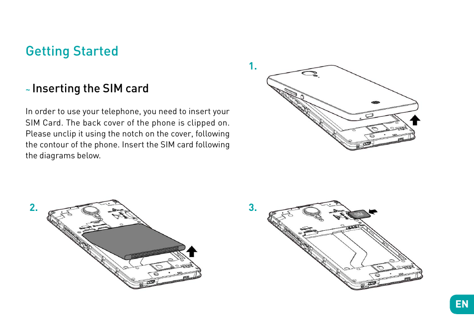 Getting started, Inserting the sim card | Wiko Tommy User Manual | Page 8 / 280