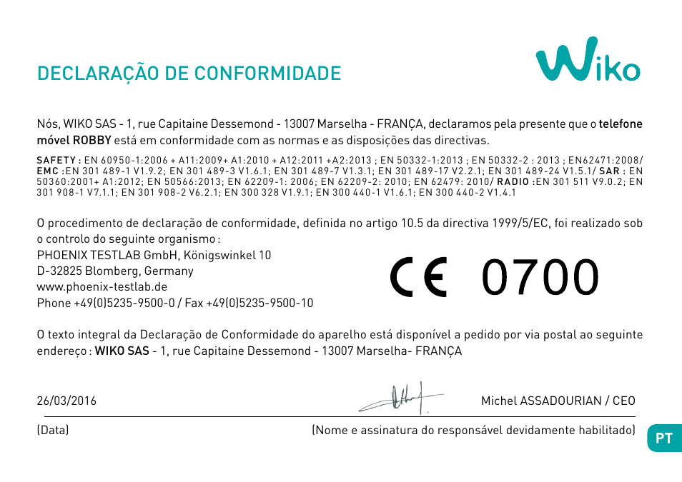 Declaração de conformidade | Wiko Robby User Manual | Page 112 / 292