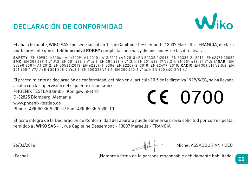 Declaración de conformidad | Wiko Robby User Manual | Page 89 / 292