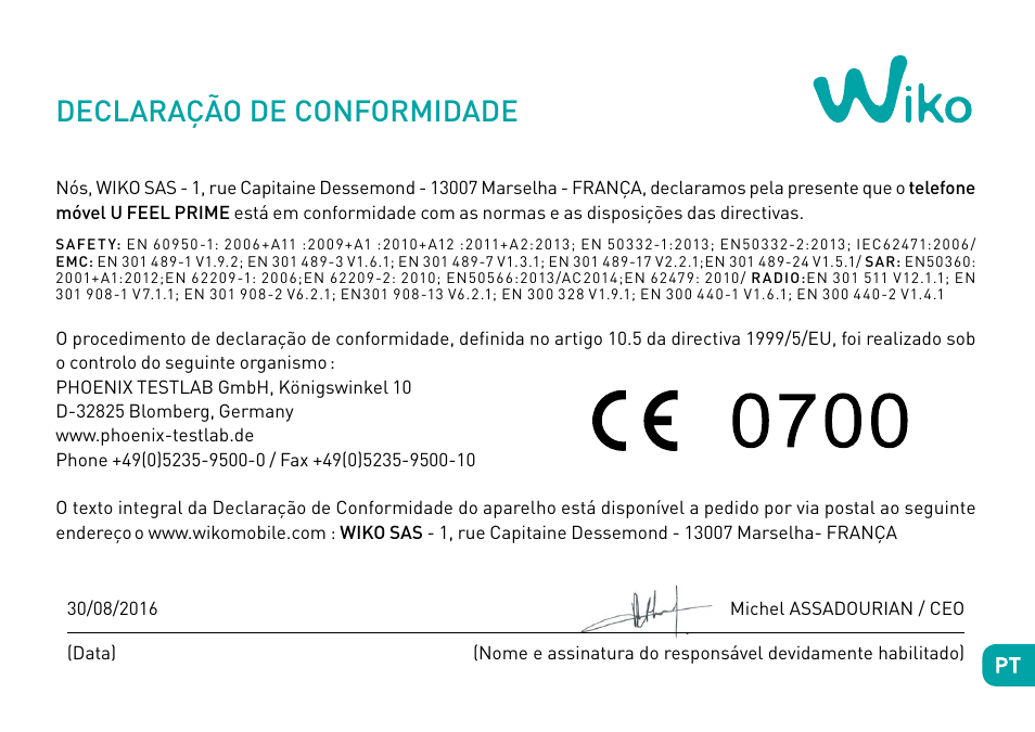 Declaração de conformidade | Wiko Ufeel prime User Manual | Page 112 / 292