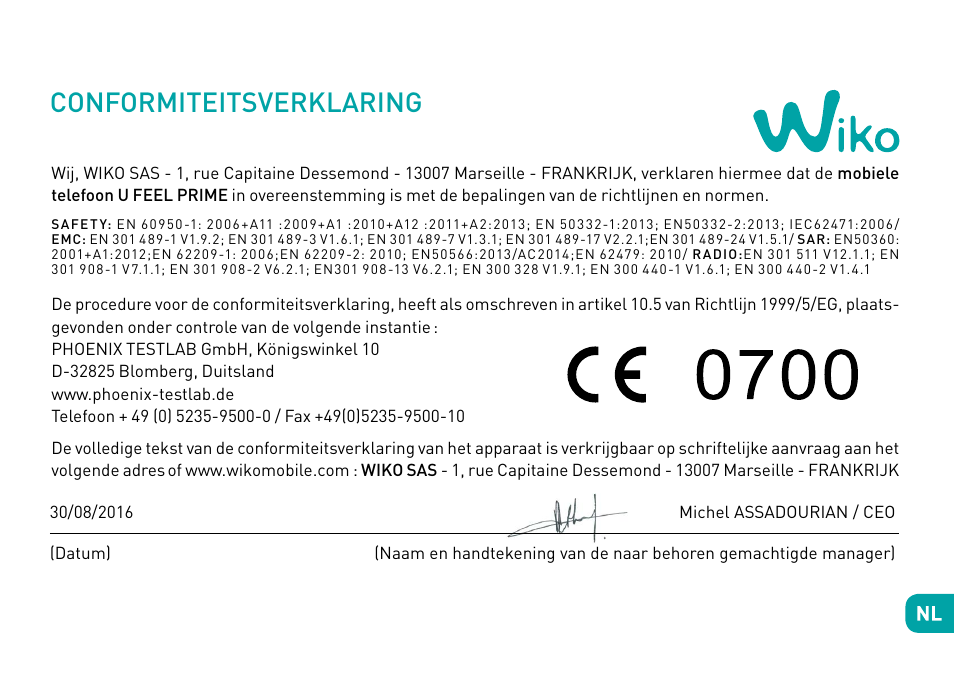 Conformiteitsverklaring | Wiko Ufeel prime User Manual | Page 156 / 292