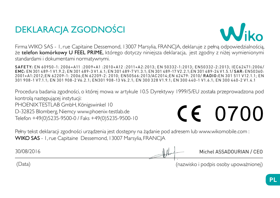 Deklaracja zgodności | Wiko Ufeel prime User Manual | Page 199 / 292