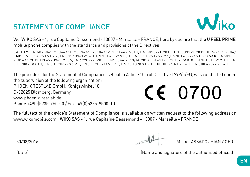 Statement of compliance | Wiko Ufeel prime User Manual | Page 22 / 292