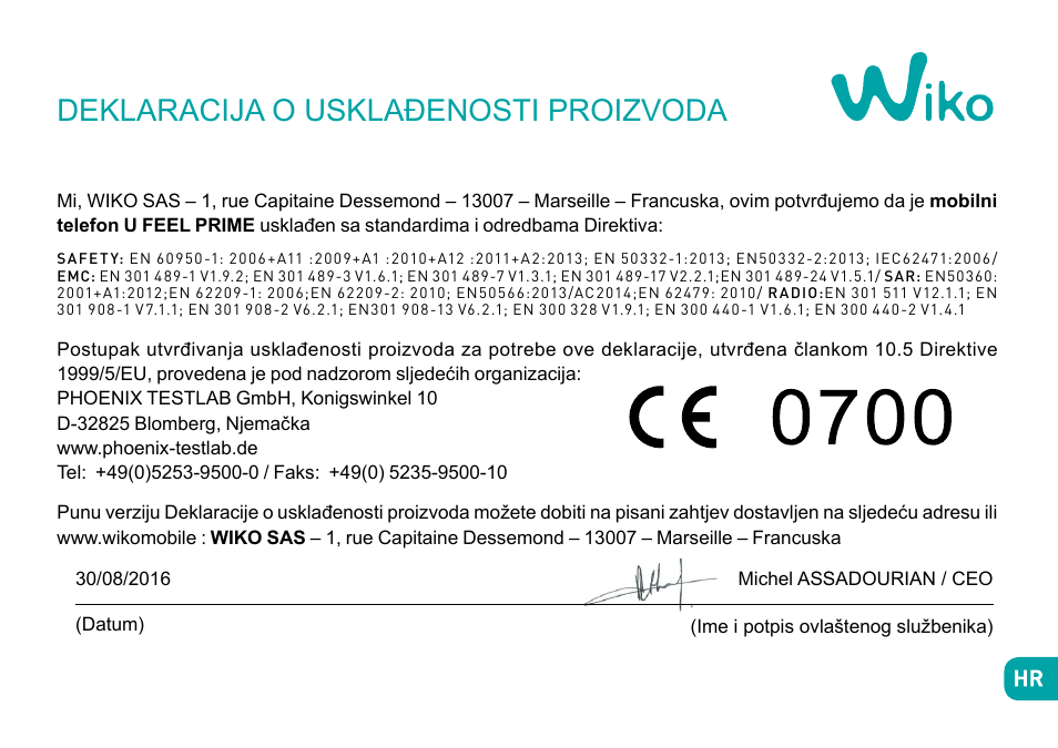 Deklaracija o usklađenosti proizvoda | Wiko Ufeel prime User Manual | Page 221 / 292