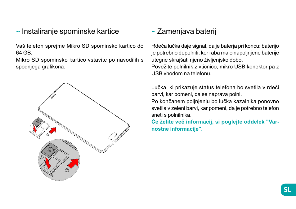 Instaliranje spominske kartice, Zamenjava baterij | Wiko Ufeel prime User Manual | Page 230 / 292