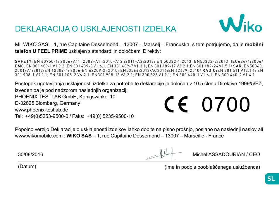 Deklaracija o usklajenosti izdelka | Wiko Ufeel prime User Manual | Page 244 / 292