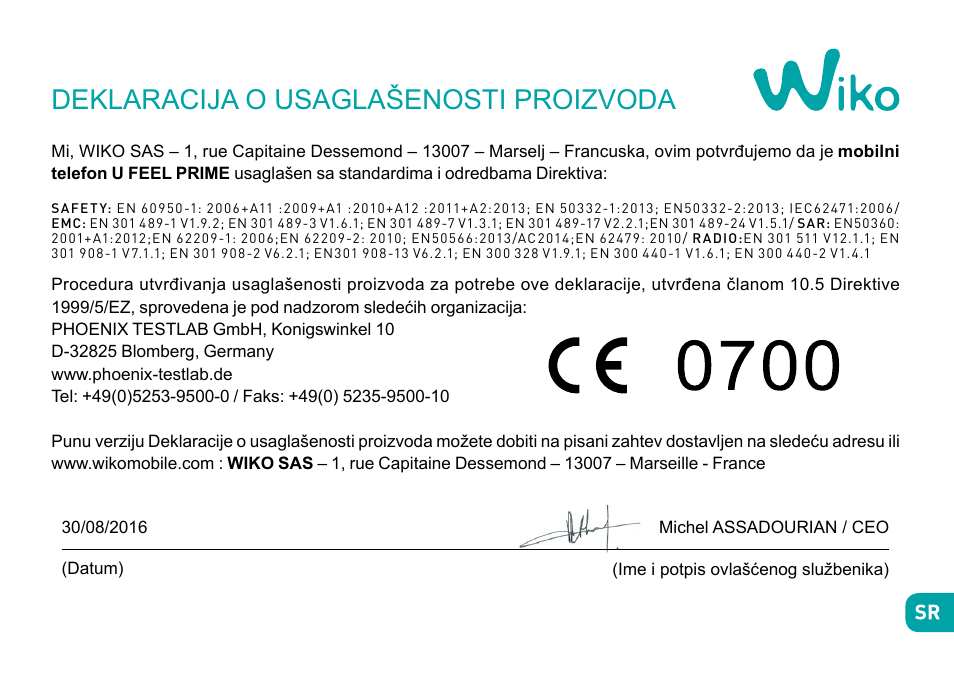Deklaracija o usaglašenosti proizvoda | Wiko Ufeel prime User Manual | Page 266 / 292