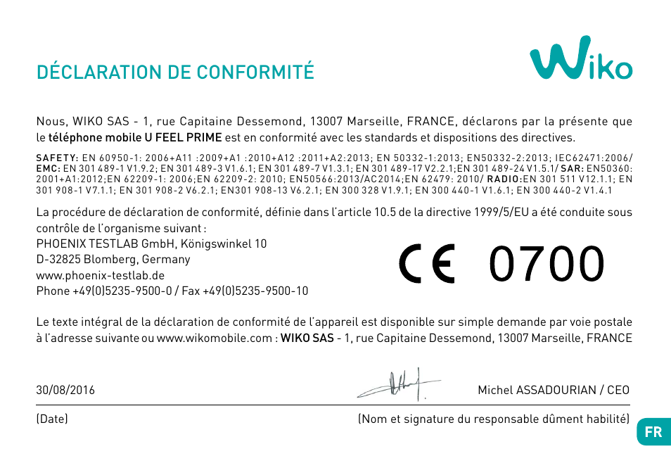 Déclaration de conformité | Wiko Ufeel prime User Manual | Page 45 / 292