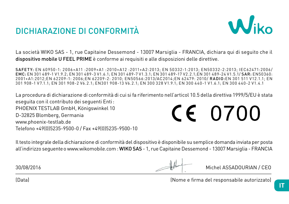 Dichiarazione di conformità | Wiko Ufeel prime User Manual | Page 67 / 292