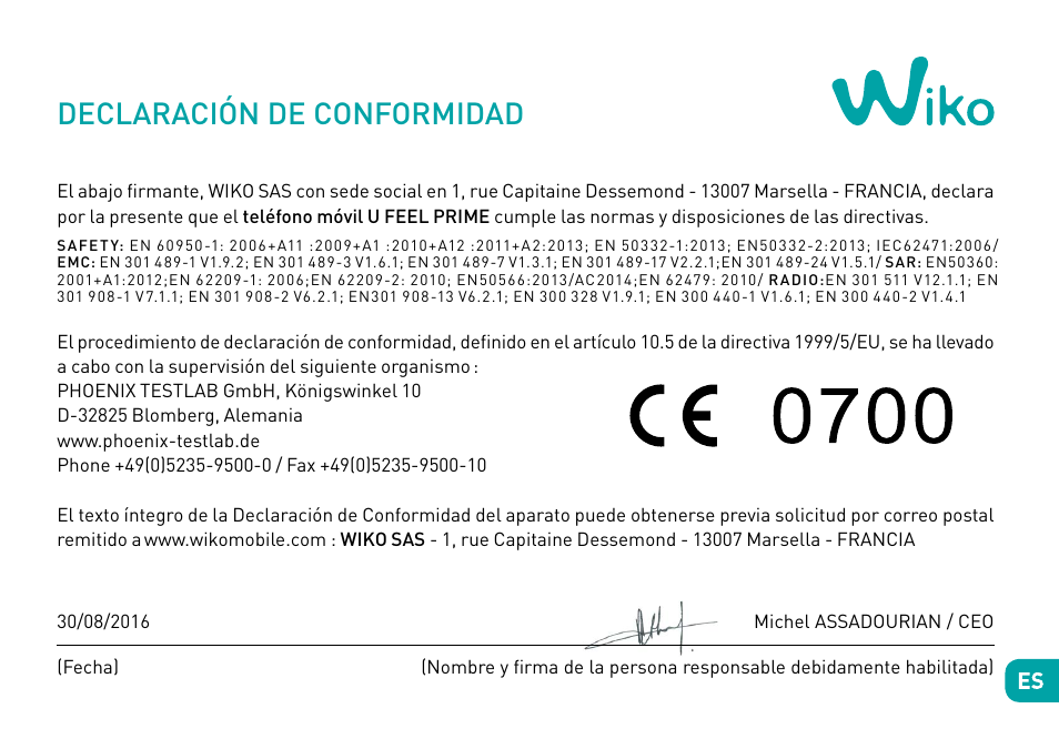 Declaración de conformidad | Wiko Ufeel prime User Manual | Page 89 / 292