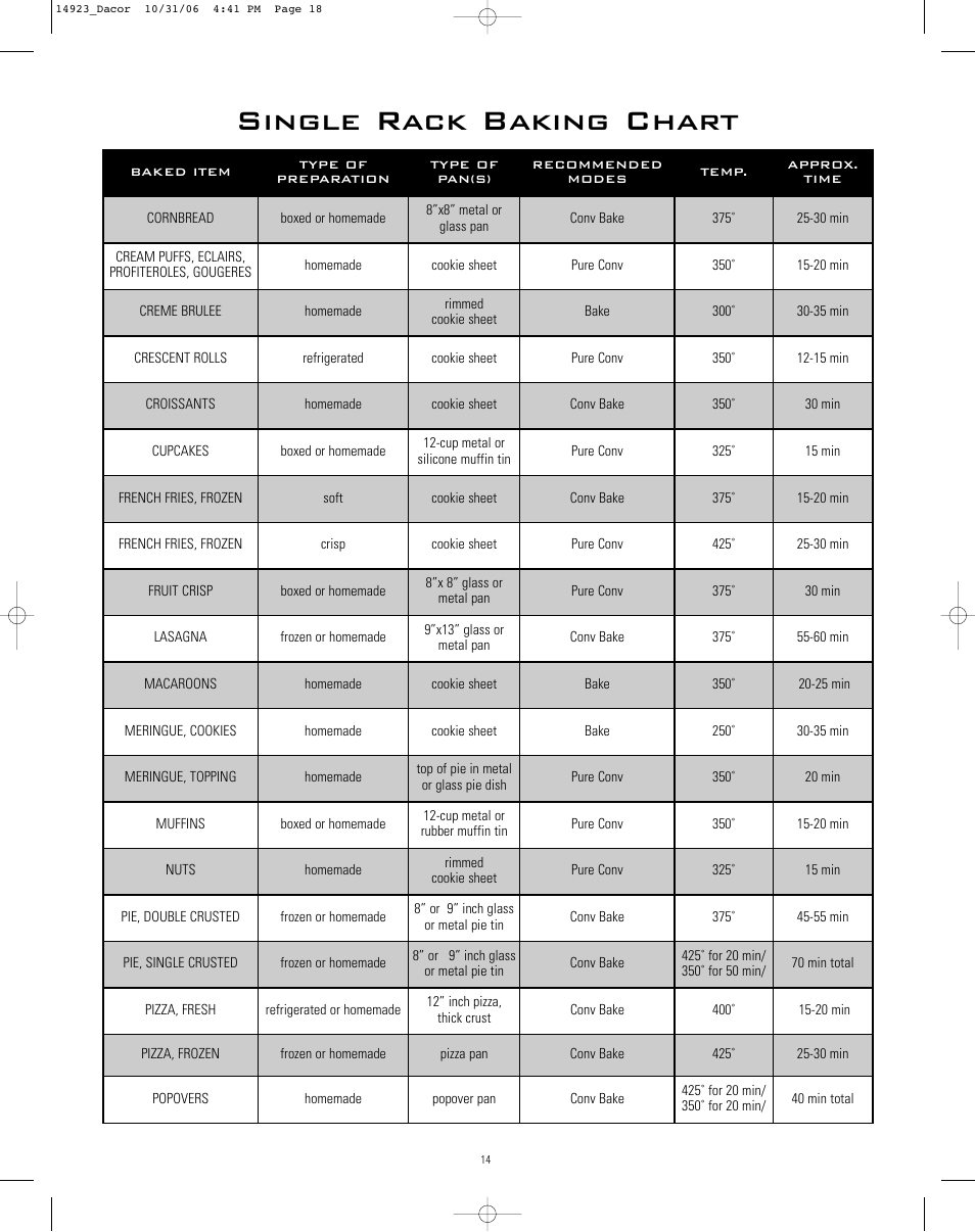 Single rack baking chart | Dacor Range Cooking User Manual | Page 18 / 64