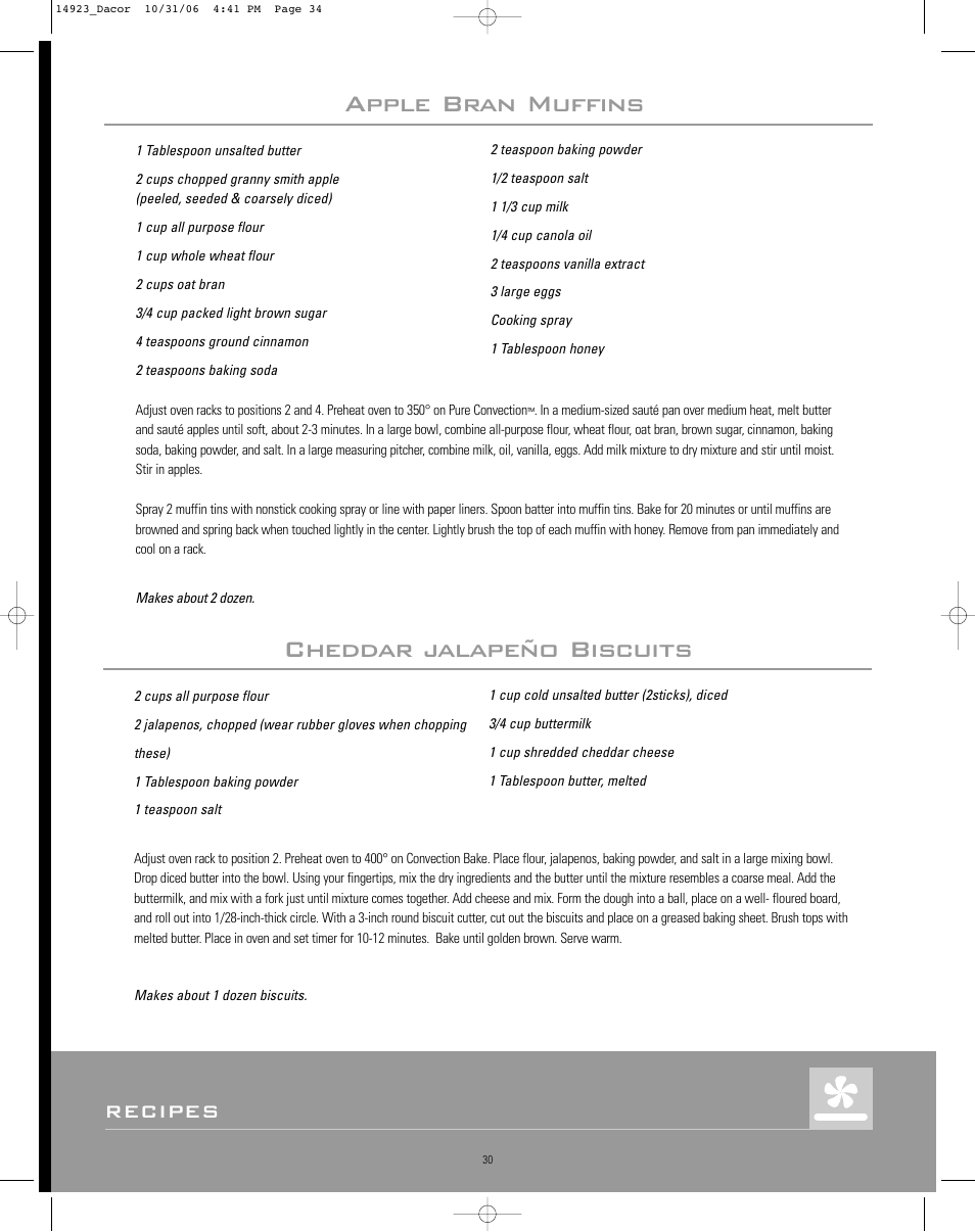 Apple bran muffins, Cheddar jalapeño biscuits, Recipes | Dacor Range Cooking User Manual | Page 34 / 64