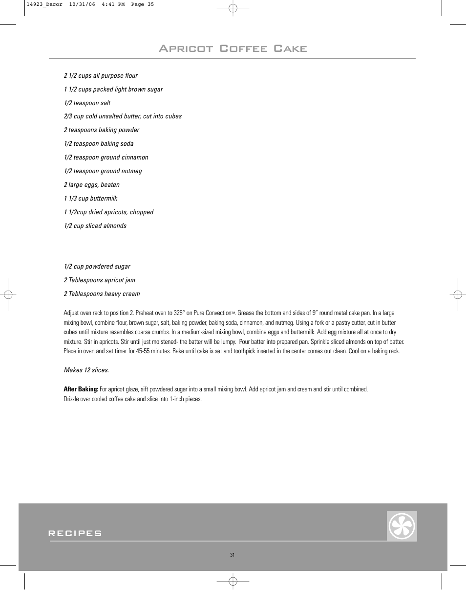 Apricot coffee cake, Recipes | Dacor Range Cooking User Manual | Page 35 / 64