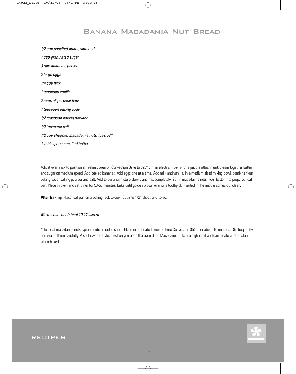 Banana macadamia nut bread, Recipes | Dacor Range Cooking User Manual | Page 36 / 64