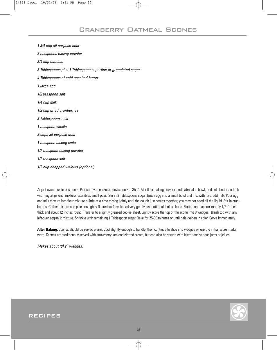 Cranberry oatmeal scones, Recipes | Dacor Range Cooking User Manual | Page 37 / 64