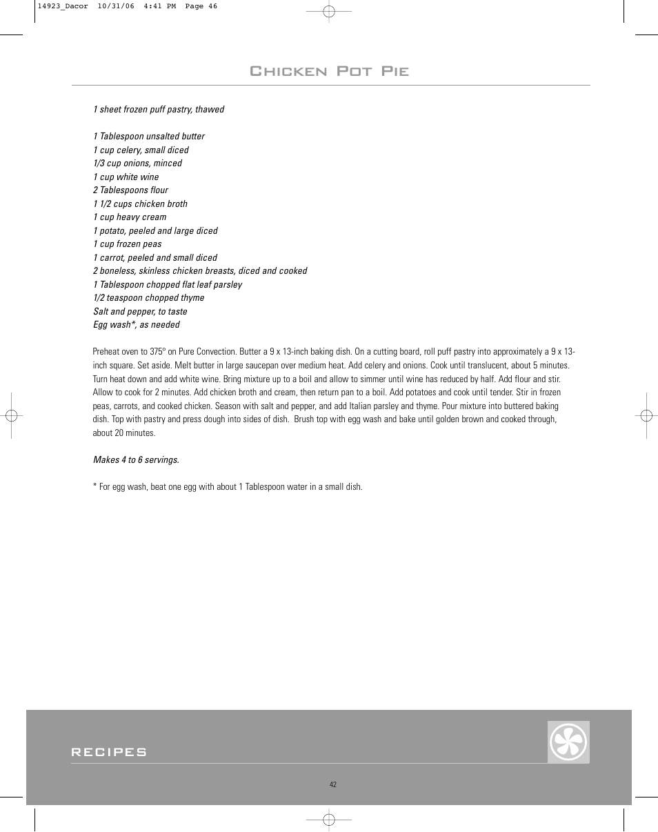 Chicken pot pie, Recipes | Dacor Range Cooking User Manual | Page 46 / 64