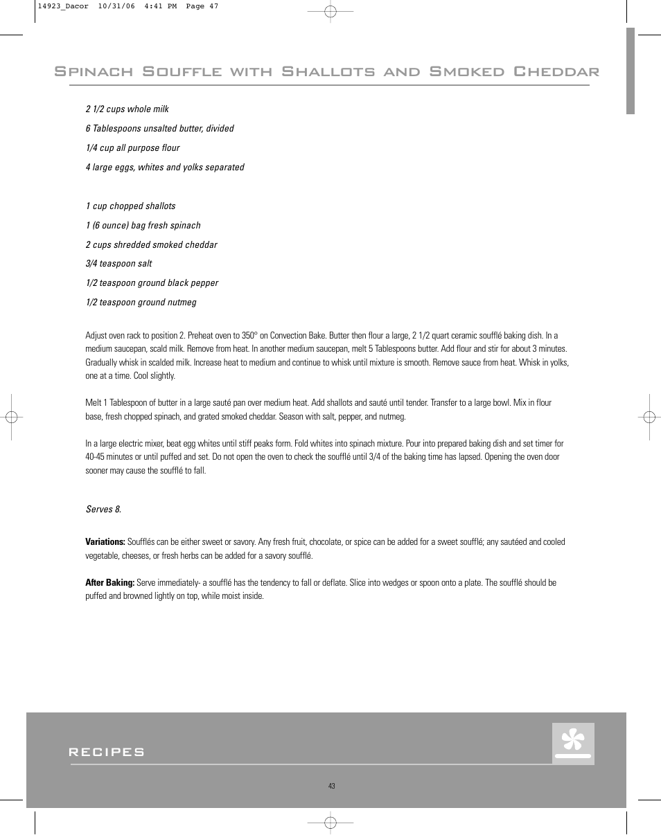 Spinach souffle with shallots and smoked cheddar, Recipes | Dacor Range Cooking User Manual | Page 47 / 64