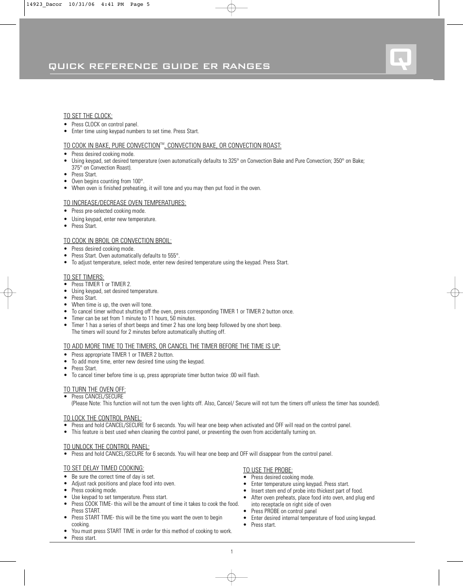 Quick reference guide er ranges | Dacor Range Cooking User Manual | Page 5 / 64