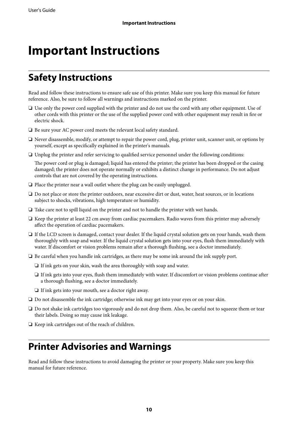 Important instructions, Safety instructions, Printer advisories and warnings | Epson Expression Premium XP-635 Refurbished User Manual | Page 10 / 160