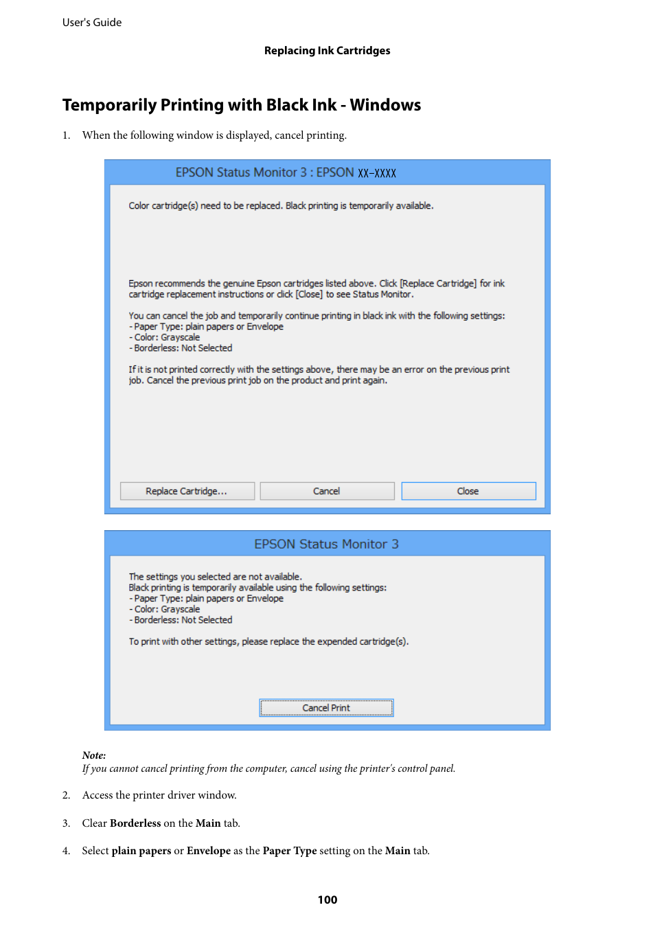 Temporarily printing with black ink - windows, Temporarily printing with black ink - windows 100 | Epson Expression Premium XP-635 Refurbished User Manual | Page 100 / 160